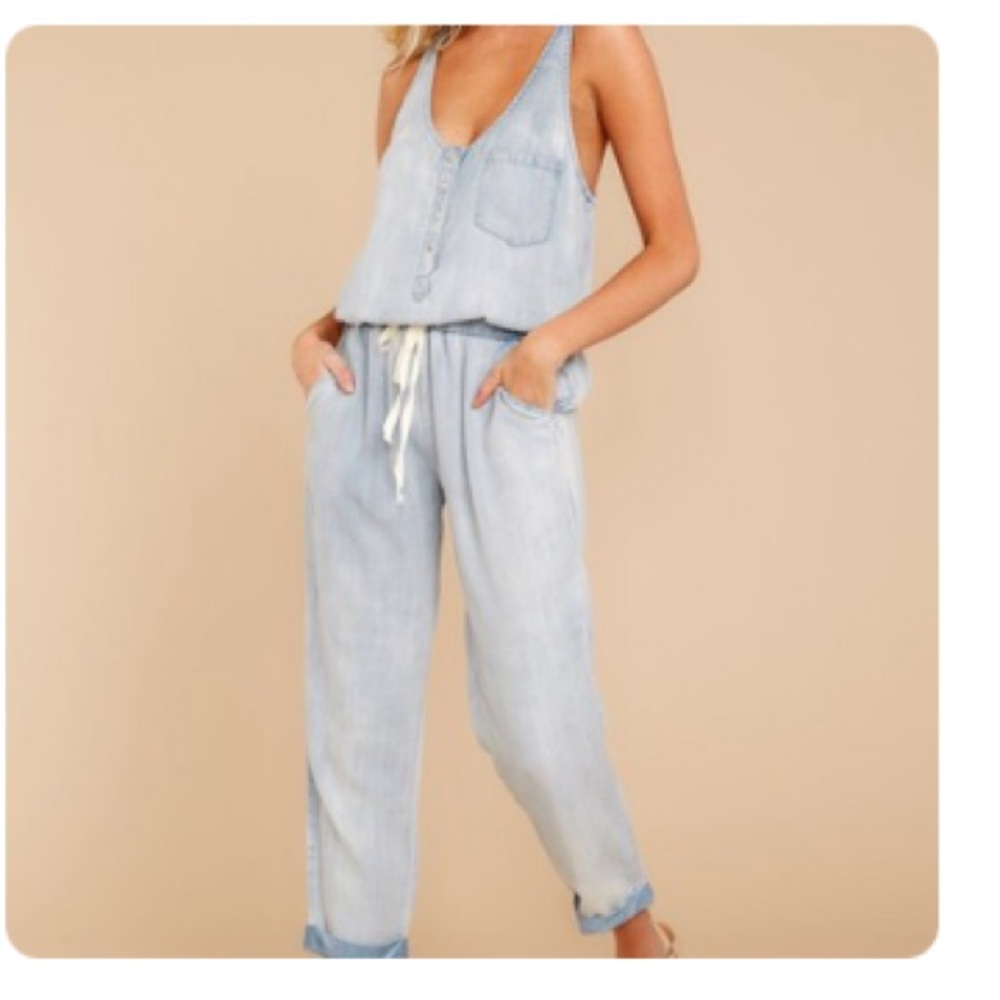 Pink Lily Walk Tall Light Chambray Denim Jumpsuit